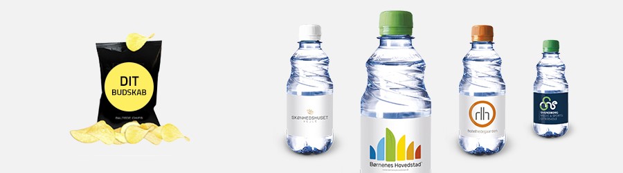 Vandflasker med logo, økologiske slikposer og bolsjer med logotryk
